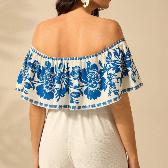 Multicolor Boho Women's Summer Flower Printed Flounce Off-Shoulder Crop Top - Picture 2 of 7